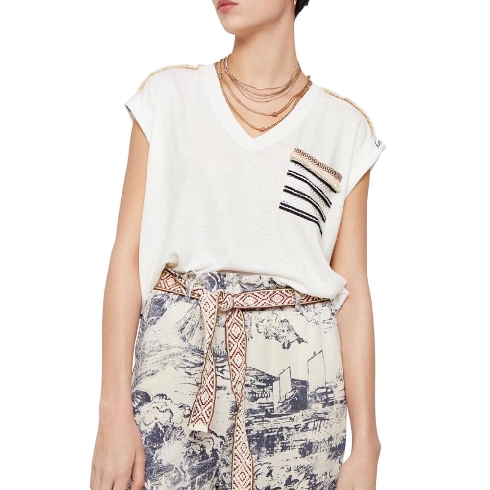 Desigual White V-Neck Sleeveless Knit Top with Navy Stripe Pocket Detail